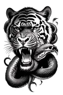 half face tiger, half face gorilla, roaring, surrounded by snakes tattoo design idea