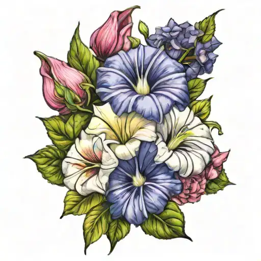 morning glory's and aster bouquet tattoo design idea