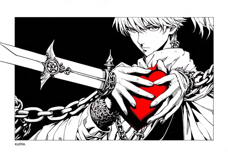 kurapika chain of judgement holding a heart with the dagger ready to pierce trough it tattoo design idea