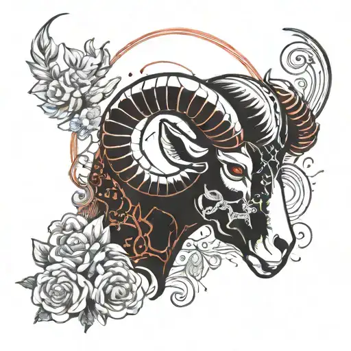 aries fiery ram half skeleton head,constellation,honeysuckle tattoo design idea