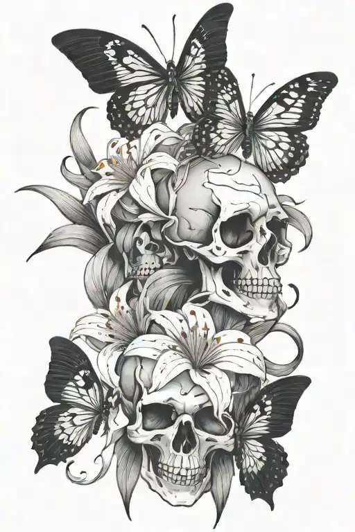 skulls and spider lily intertwined with butterflies on the spine  tattoo design idea