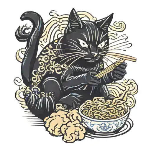 black cat eating noodles tattoo design idea