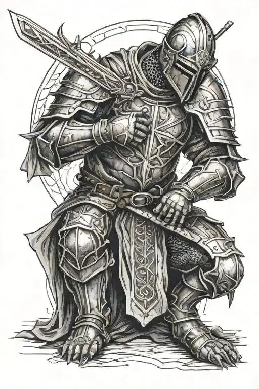 Templar knight kneeling praying tattoo design idea