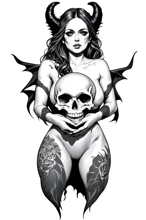 succubus holding a skull tattoo design idea