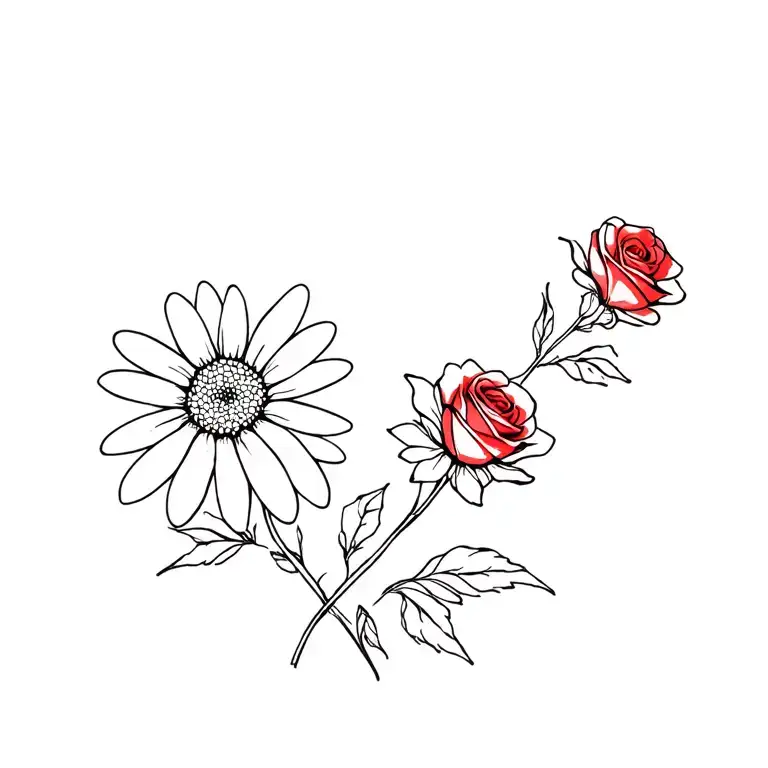 daisy flower and red rose tattoo design idea
