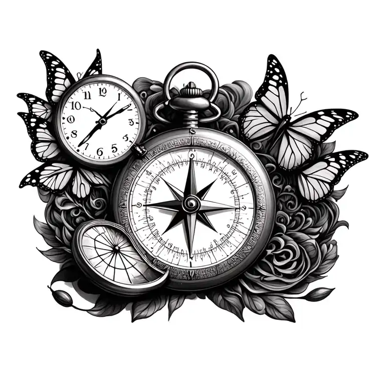 a compass, a pocket watch and butterflies  tattoo design idea
