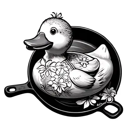 rubber duck with Hawaiian print apron and cast iron skillet tattoo design idea
