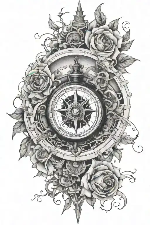 compass, map, flowers entertwined. Steampunk tattoo design idea