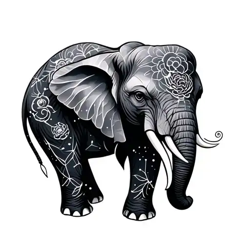 floral geometric elephant with constellation tattoo design idea