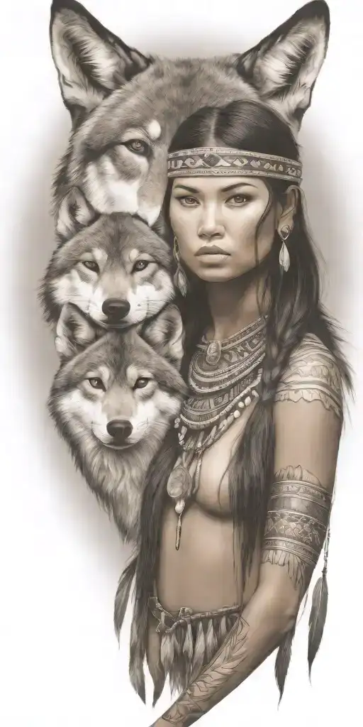 young adorable navajo woman full body  wolf tattoo design idea