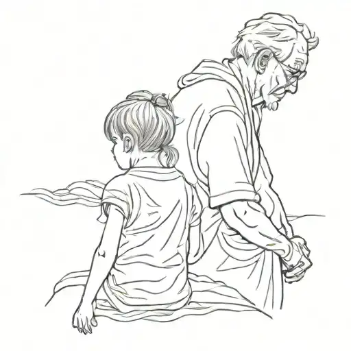 silhouette of a deceased grandfather and his granddaughter from behind simple with very little detail and complexity tattoo design idea
