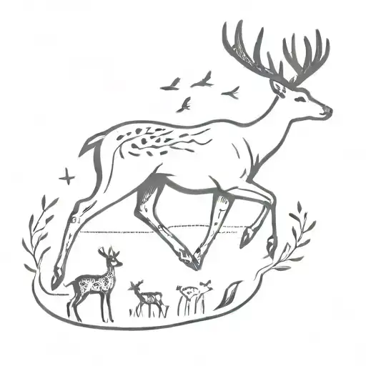 simple minimalist deer with 3 little birds flying nearby tattoo design idea