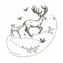 simple minimalist deer with 3 little birds flying nearby tattoo design idea