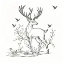simple minimalist deer with 3 little birds flying nearby tattoo design idea