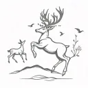 simple minimalist deer with 3 little birds flying nearby tattoo design idea