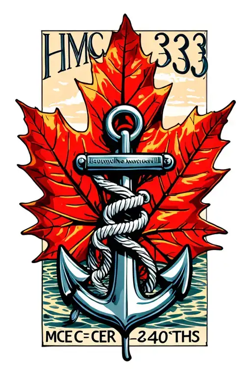 "HMCS 333~MCE~2 CER~450 THS" navy anchor centered inside a single large red canadian maple leaf tattoo design idea
