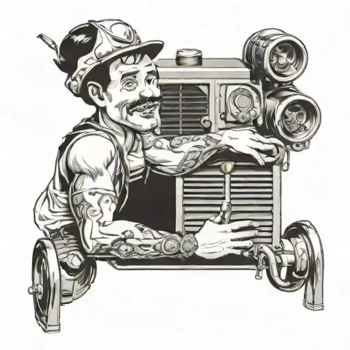 A tattoo design showcasing a technician fixing a vintage air conditioning unit, with elements of happiness and winning incorporated tattoo design idea