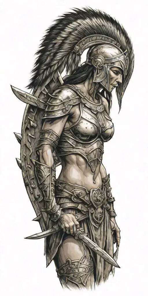 spartan woman, naked, full body, crying, holding weapons tattoo design idea