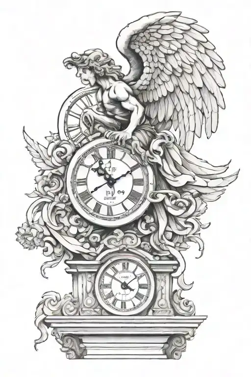 mix a clock with an archangel in front of an ancient Greek building tattoo design idea