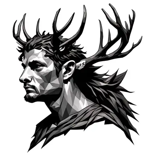Basically, Cernunnos: the stoic face of a man whose polygonal deer woods rise and frame the whole steps tattoo design idea
