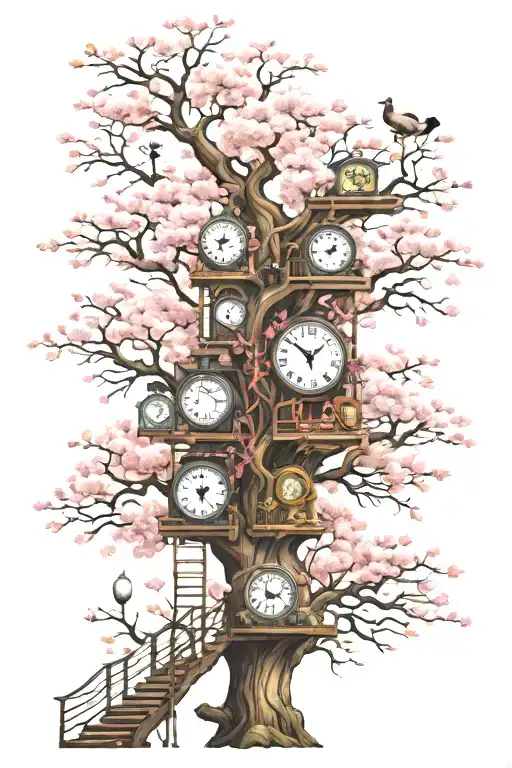 Long cherry blossom tree with a lot of branches, animals, four clocks, wooden ladders, sports and kids stuff tattoo design idea