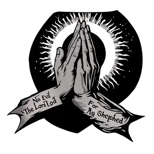 prayer hands with the sun with words "Fear No Evil For The Lord Is My Shepherd"  tattoo design idea