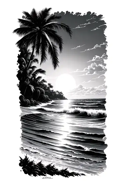 ocean with sunset no sky water goes to beach and add something with travel  tattoo design idea