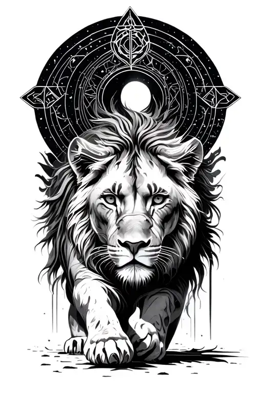 regal queen female lioness walking towards and emerging from circular sacred geometry galactic portal tattoo design idea