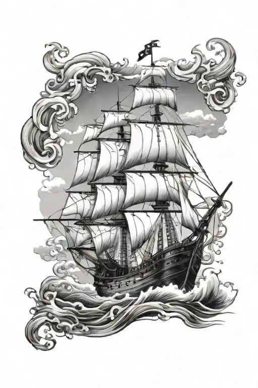 ocean waves crashing, pirate ship sailing, posseidon tattoo design idea