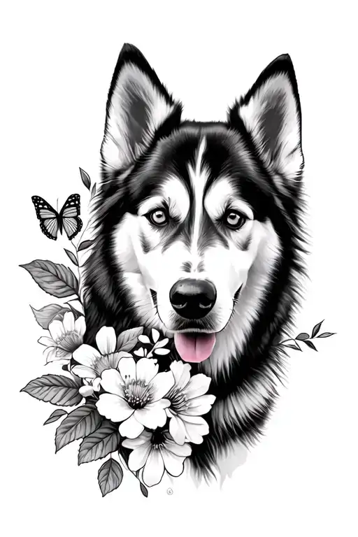 Siberian husky, flowers, monarch butterfly tattoo design idea