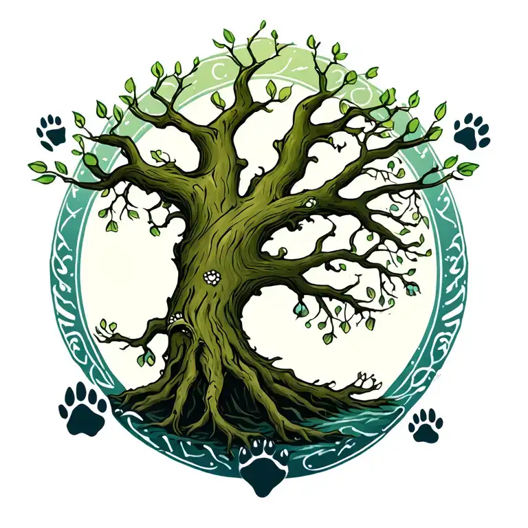 yggdrasil with paw prints tattoo design idea
