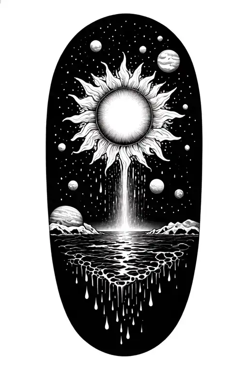 A sun surrounded with planets that turns into a waterfall with rain drops at the bottom tattoo design idea
