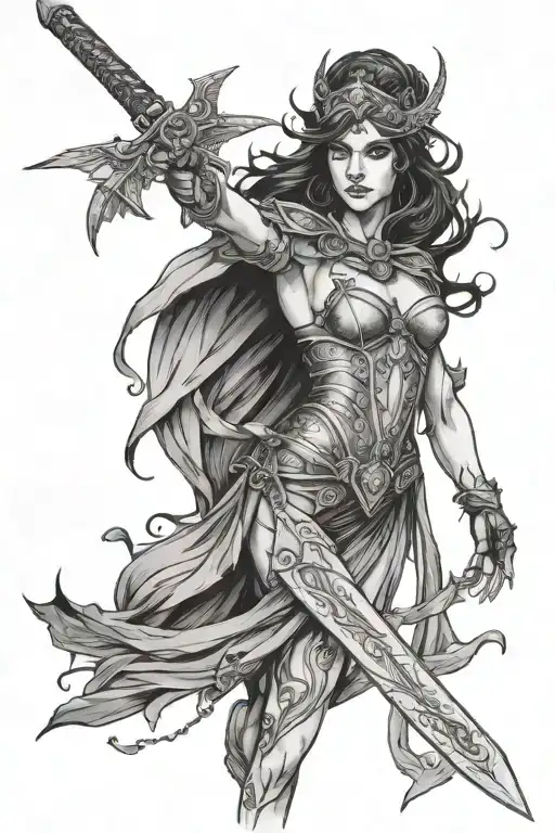the morrigan goddess holding a sword tattoo design idea