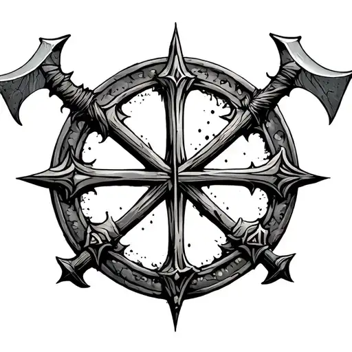 Vegvisir with two crossed axes underneath in black tattoo design idea