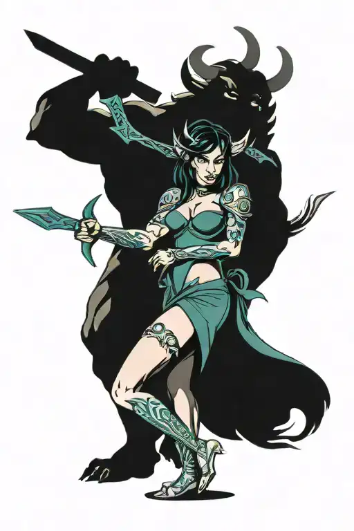 dark minotaur holding a fire bow arm around dark haired elf woman in a revealing teal dress with twin daggers on thigh tattoo design idea