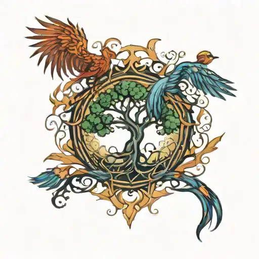 A tree of Life with a phoenix behind it with Madusa face  tattoo design idea