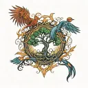 A tree of Life with a phoenix behind it with Madusa face  tattoo design idea