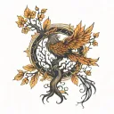 A tree of Life with a phoenix behind it with Madusa face  tattoo design idea