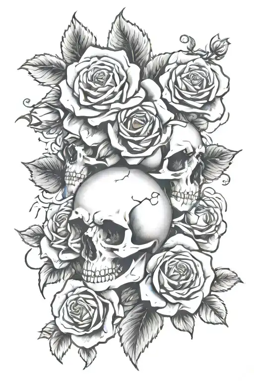 Roses, slit faces one male in the military and the other female as a teacher, I love you till death do us part in Greek tattoo design idea