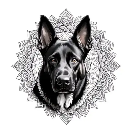 a tattoo design for lower sleeve , Belgian Malinois face with mandala background. tattoo design idea