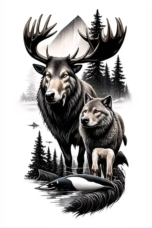 arm sleeve featuring moose, wolf, loon, walleye, trees, and northern lights tattoo design idea