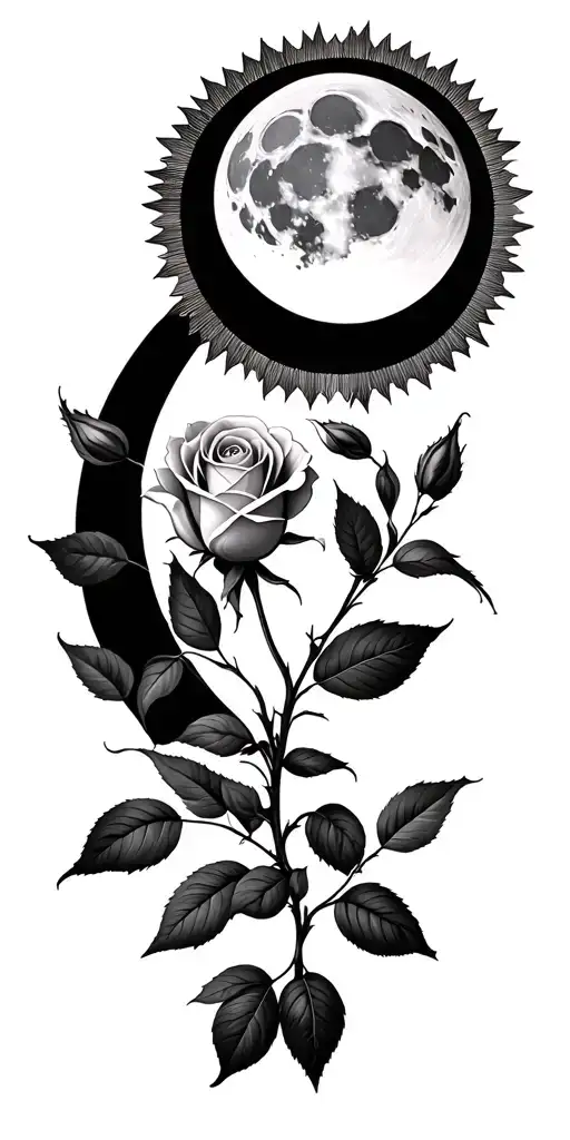 Rose with a moon moon and geometric sun tattoo design idea