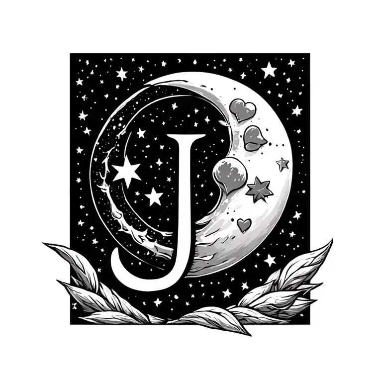 J Initial moon and stars in the sky in heart tattoo design idea