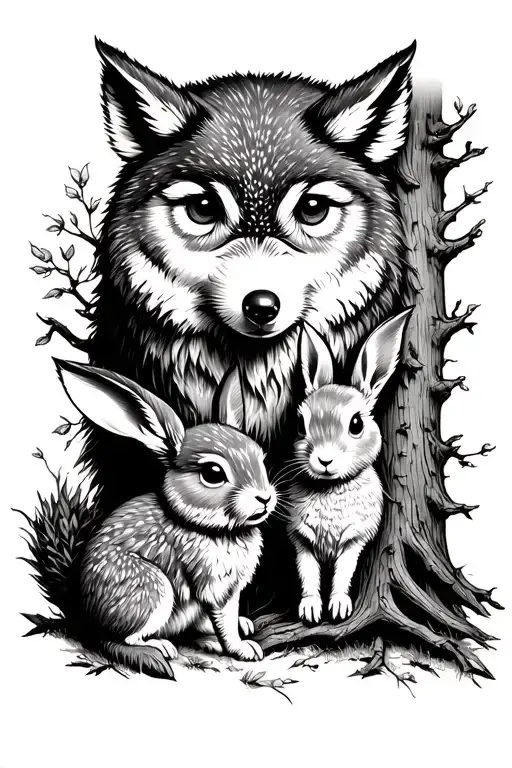 baby wolf, baby rabbit, baby owl  all being shielded by a tree tattoo design idea