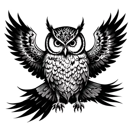 A bold blackwork-style illustration of an owl with outstretched wings, designed for a chest tattoo. The owl is depicted  tattoo design idea