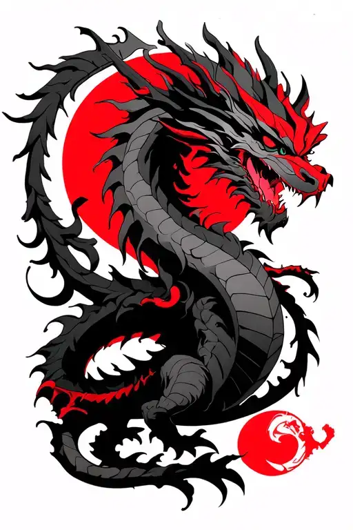 black and red. a dragon, some kind of lung dragon, red sun, abstraction, negative space tattoo design idea