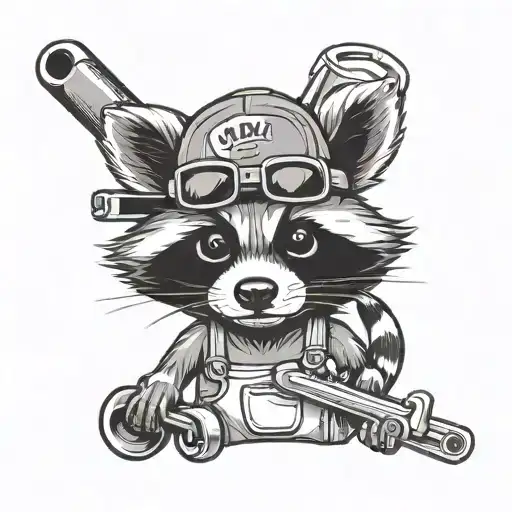 Cartoon raccoon, backwards hat, overalls, pipe wrench tattoo design idea