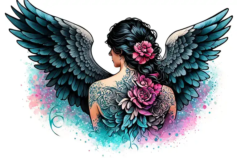 Make a modern back tattoo / neck with wings. Bring color. tattoo design idea