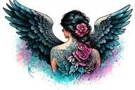 Make a modern back tattoo / neck with wings. Bring color. tattoo design idea