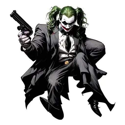 classical comic joker with harley quinn draped over him holding a weapon tattoo design idea